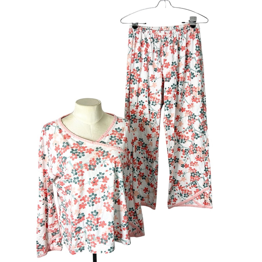 Garnet Hill Asian Wrap pajamas size Small 2 piece long sleeve peach pink floral
